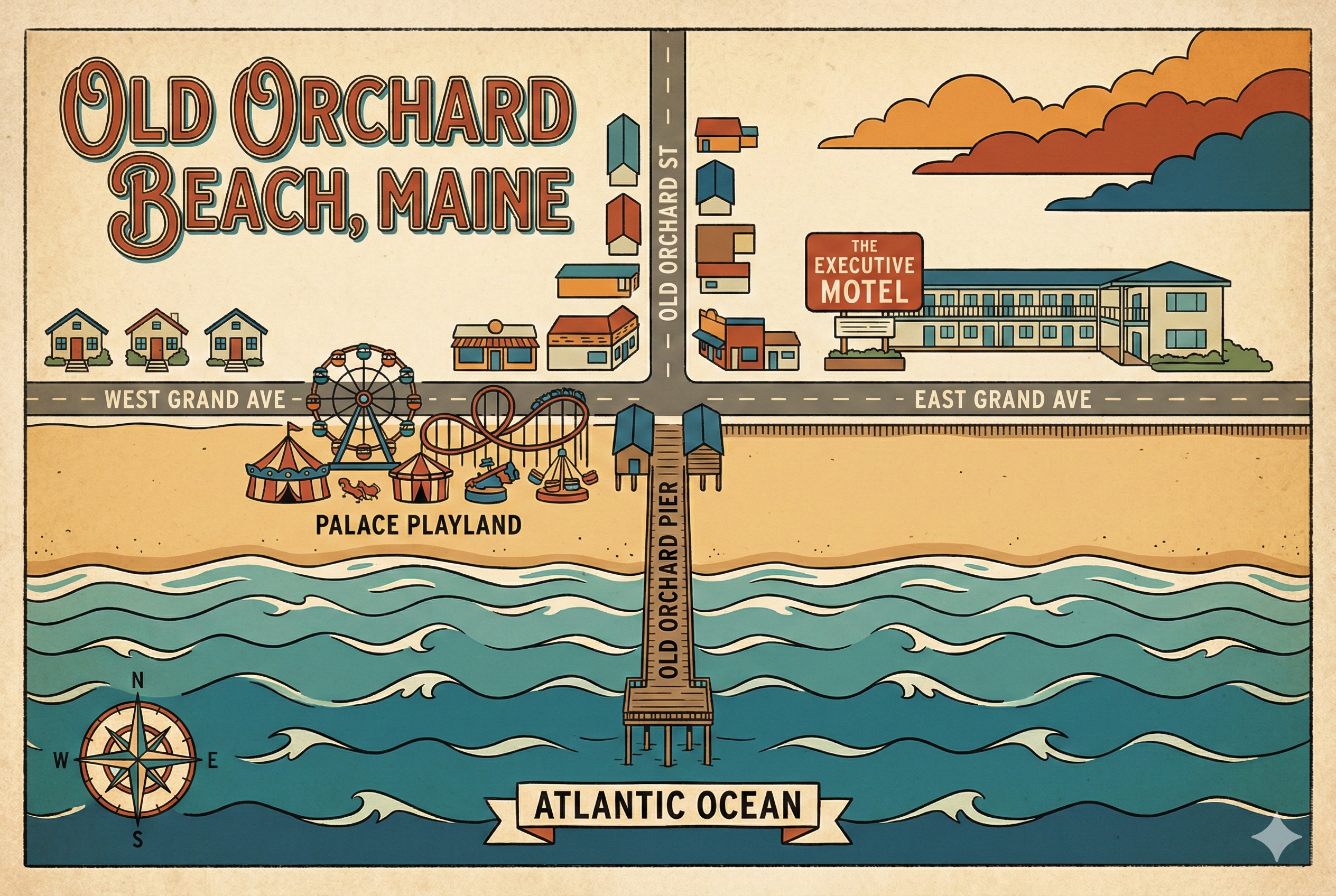 Illustrated map of Old Orchard Beach showing Executive Motel location